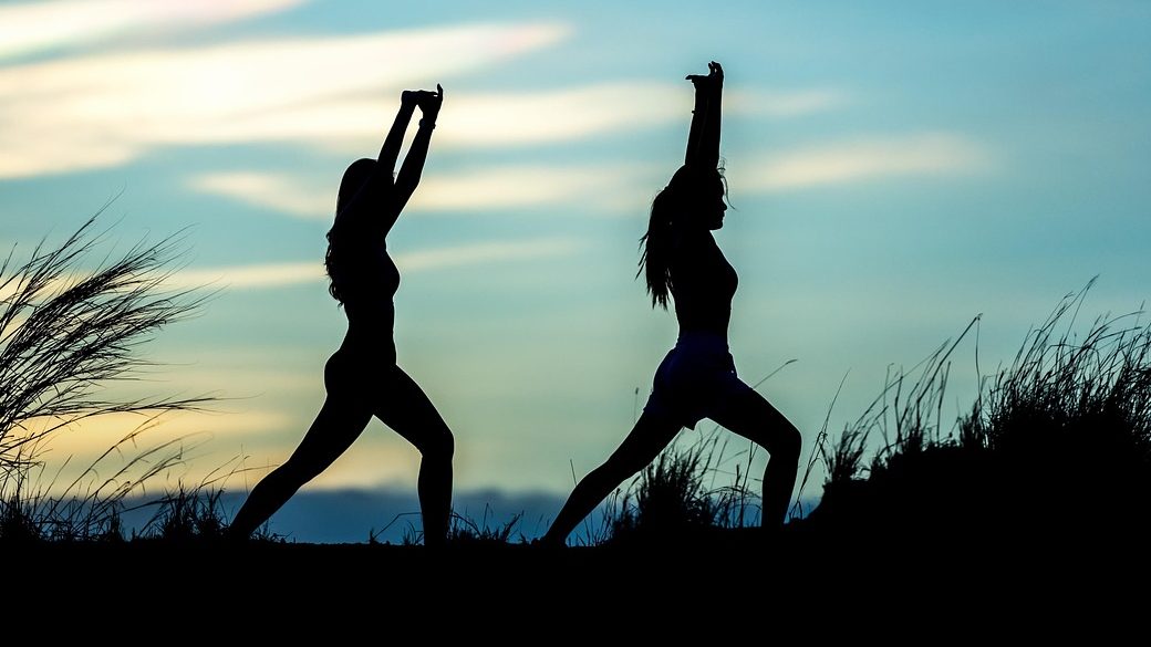 women, yoga, silhouettes, water, nature, reflection, mirroring, water reflection, pose, posing, yoga pose, meditation, stretching, wellness, well-being, exercise, adults, asia, girls, morning, outdoors, pair, people, stance, sunrise, sunset