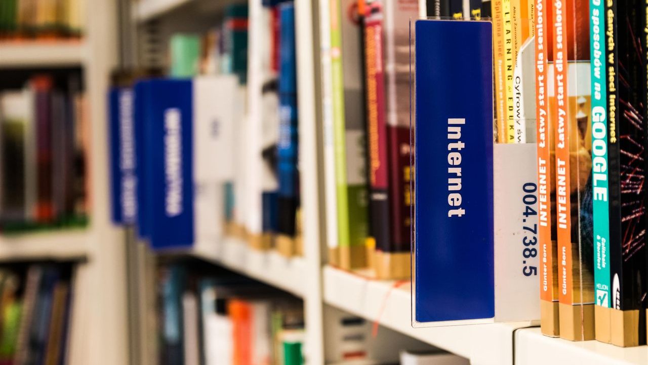 Close-up of a library shelf with books on internet and technology. Ideal for education-themed projects.